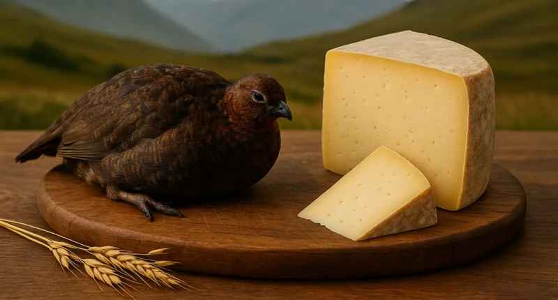 Grouse and artisan cheese on a wooden table with Scottish Highlands in the background.