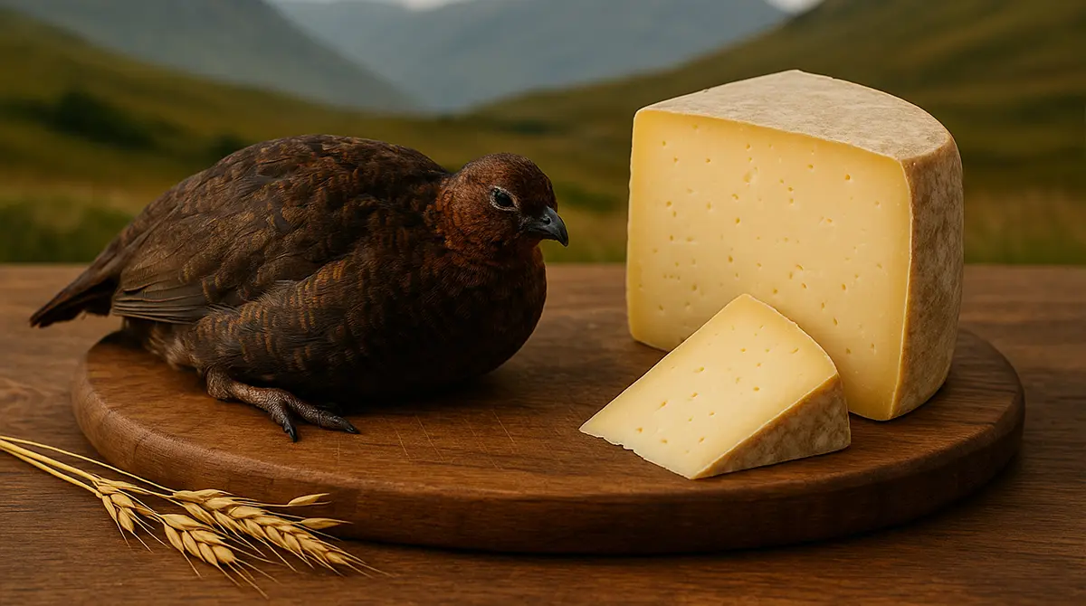 Grouse and artisan cheese on a wooden table with Scottish Highlands in the background.