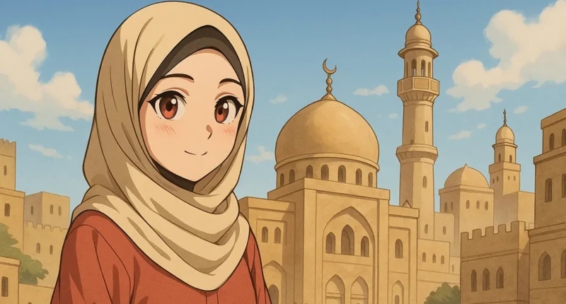 Anime-style character in hijab with Middle Eastern cityscape in the background.