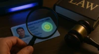 A magnifying glass examining holographic security features on an ID under UV light with law symbols nearby.