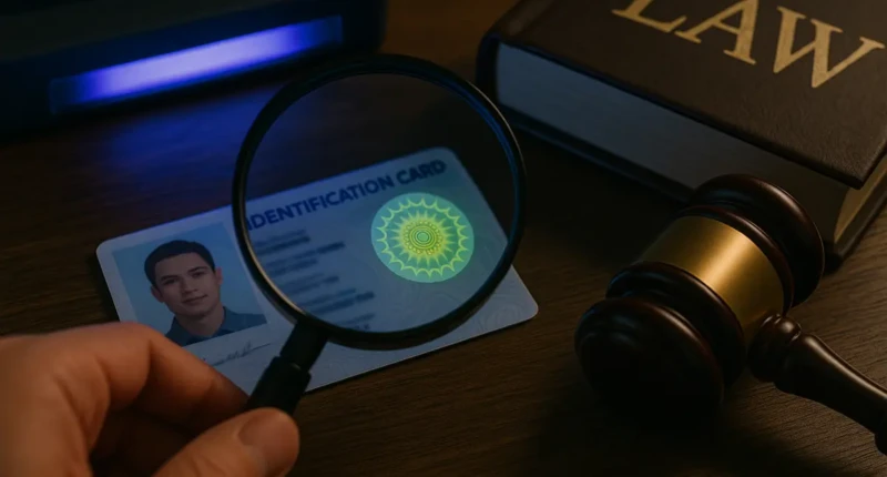 A magnifying glass examining holographic security features on an ID under UV light with law symbols nearby.