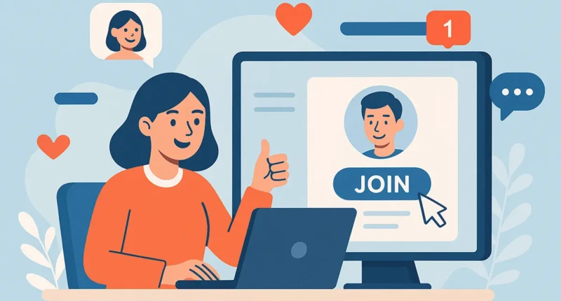 Illustration of a person joining an online community through their laptop.