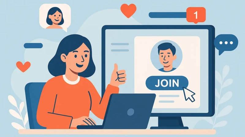 Illustration of a person joining an online community through their laptop.