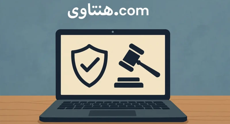 Laptop screen showing shield and gavel icons symbolizing safety and legality.