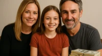 Family portrait of Mike Wolfe, his wife Jodi Faeth, and their daughter with money stack.
