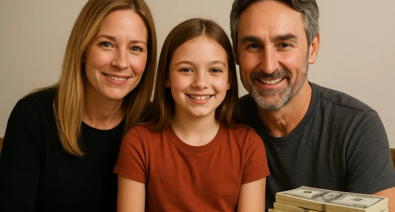 Family portrait of Mike Wolfe, his wife Jodi Faeth, and their daughter with money stack.
