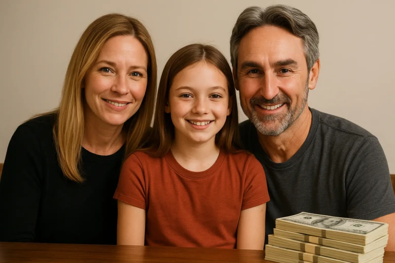 Family portrait of Mike Wolfe, his wife Jodi Faeth, and their daughter with money stack.