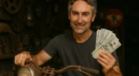 Man holding cash while standing beside a rusty vintage motorcycle.