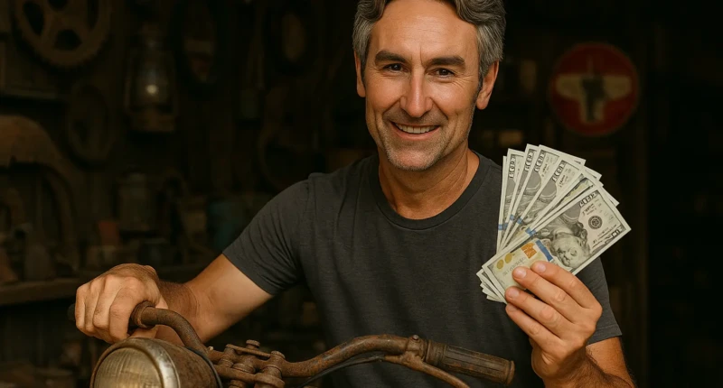 Man holding cash while standing beside a rusty vintage motorcycle.