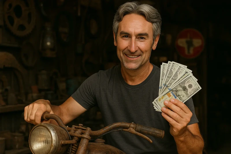 Man holding cash while standing beside a rusty vintage motorcycle.