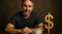 Man sitting at a table with cash stacks and a golden dollar sign
