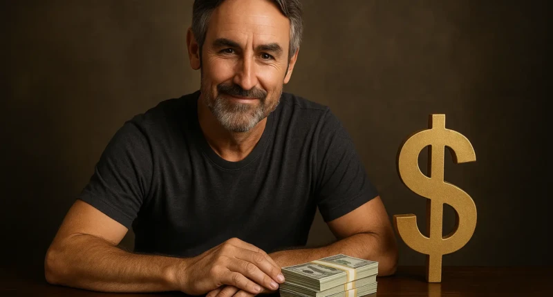 Man sitting at a table with cash stacks and a golden dollar sign
