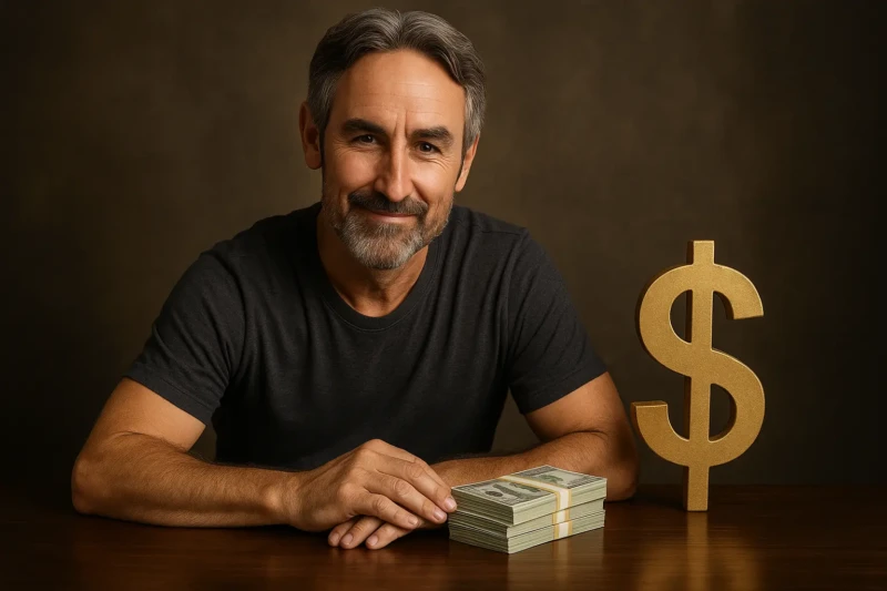 Man sitting at a table with cash stacks and a golden dollar sign