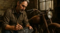 Man sketching a design on metal beside a rusty vintage motorcycle.