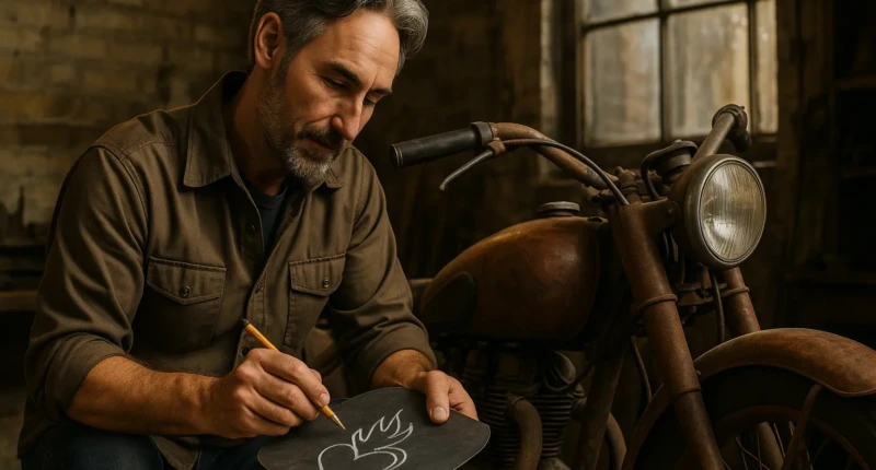 Man sketching a design on metal beside a rusty vintage motorcycle.