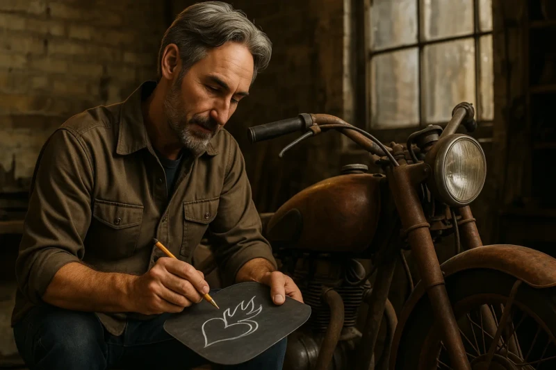 Man sketching a design on metal beside a rusty vintage motorcycle.