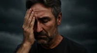 Man with hand on face showing sadness under dark cloudy sky.
