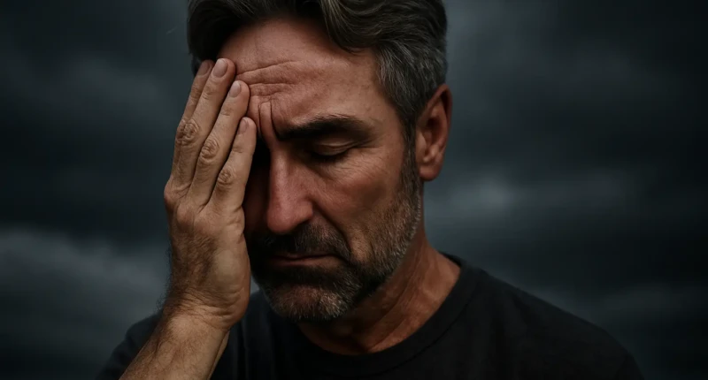 Man with hand on face showing sadness under dark cloudy sky.