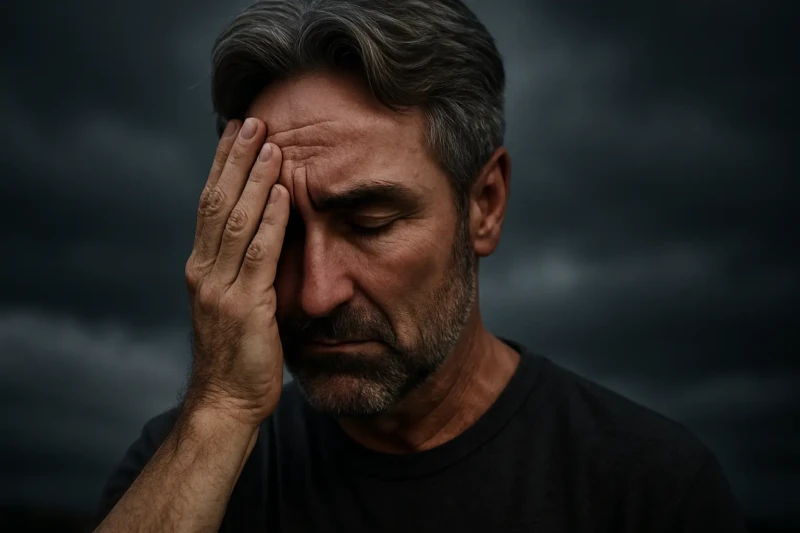 Man with hand on face showing sadness under dark cloudy sky.