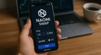 Smartphone showing Naomi Swap DeFi app with crypto exchange interface.