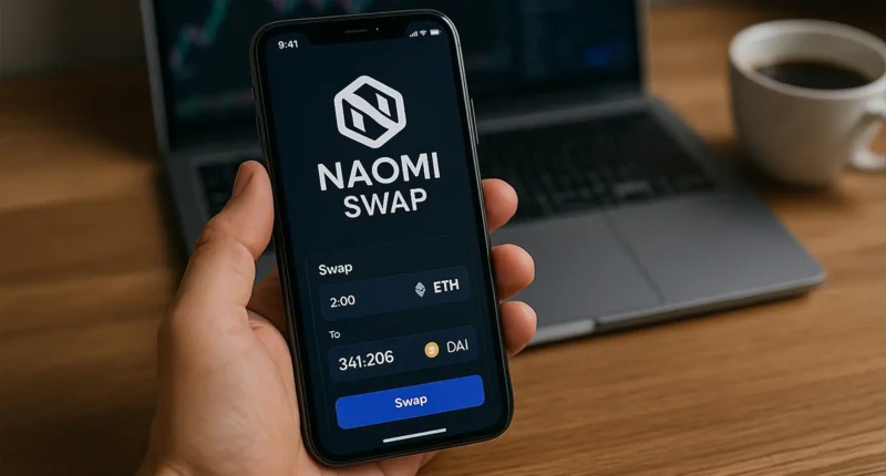 Smartphone showing Naomi Swap DeFi app with crypto exchange interface.