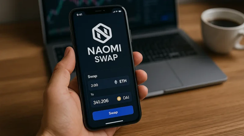 Smartphone showing Naomi Swap DeFi app with crypto exchange interface.