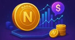 Golden Naomi cryptocurrency coin with blockchain and financial chart background.