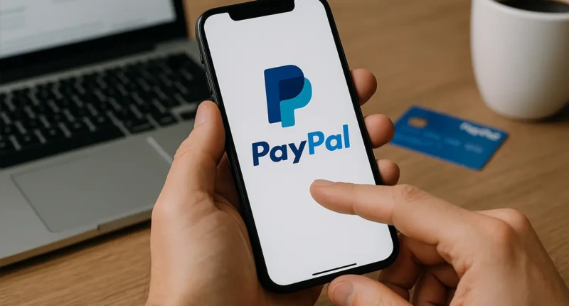 Person using a smartphone with the PayPal app open beside a laptop and coffee cup.