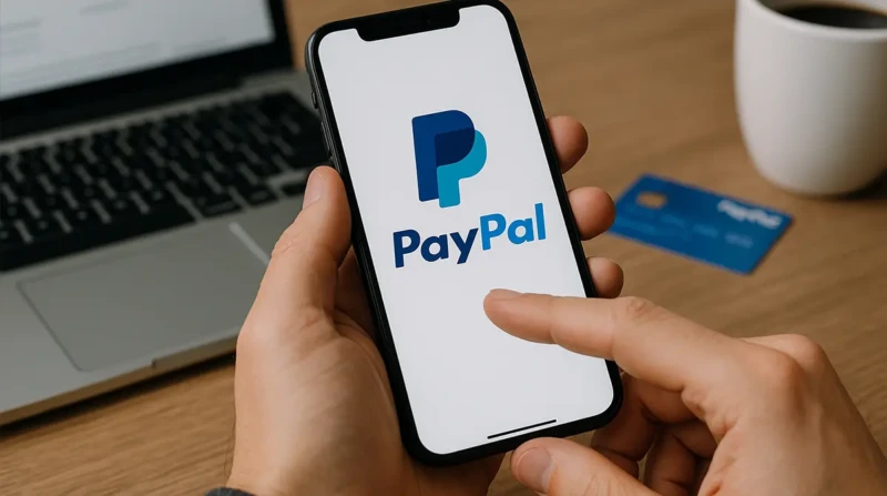 Person using a smartphone with the PayPal app open beside a laptop and coffee cup.