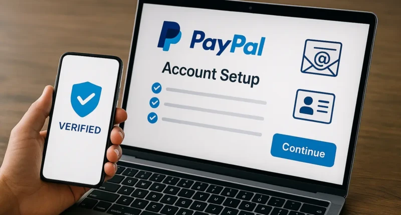 A person verifying their PayPal account using a laptop and smartphone.