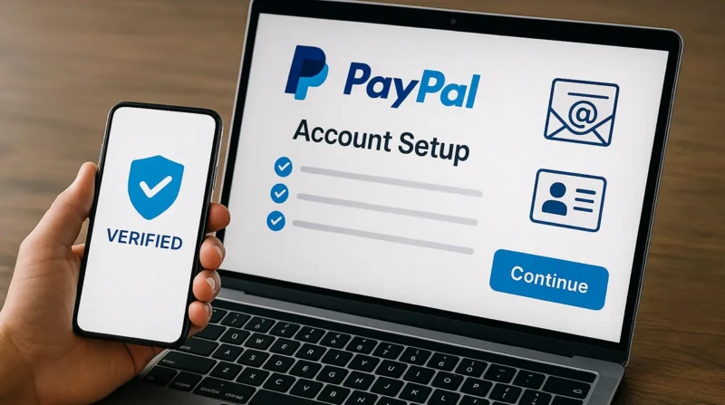 A person verifying their PayPal account using a laptop and smartphone.