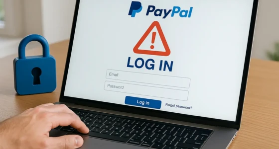 Laptop showing PayPal login error screen with security lock beside it.
