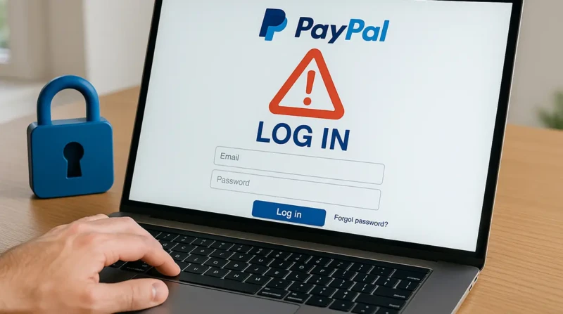 Laptop showing PayPal login error screen with security lock beside it.