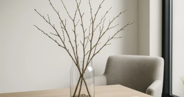 A glass vase with Scandinavian twigs on a wooden table in a minimalist interior.