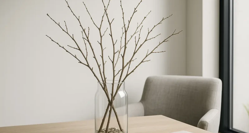 A glass vase with Scandinavian twigs on a wooden table in a minimalist interior.