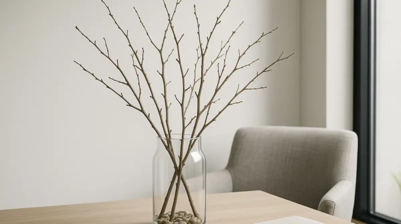 A glass vase with Scandinavian twigs on a wooden table in a minimalist interior.