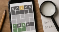 Close-up of a Wordle game on a smartphone with a magnifying glass and pencil.