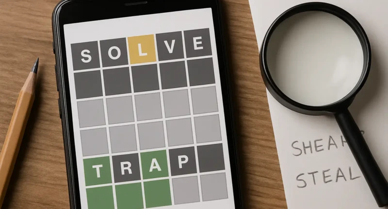 Close-up of a Wordle game on a smartphone with a magnifying glass and pencil.