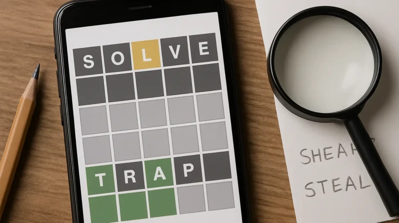 Close-up of a Wordle game on a smartphone with a magnifying glass and pencil.