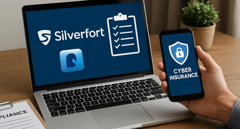 A laptop showing Silverfort security dashboard and a phone displaying cyber insurance verification.