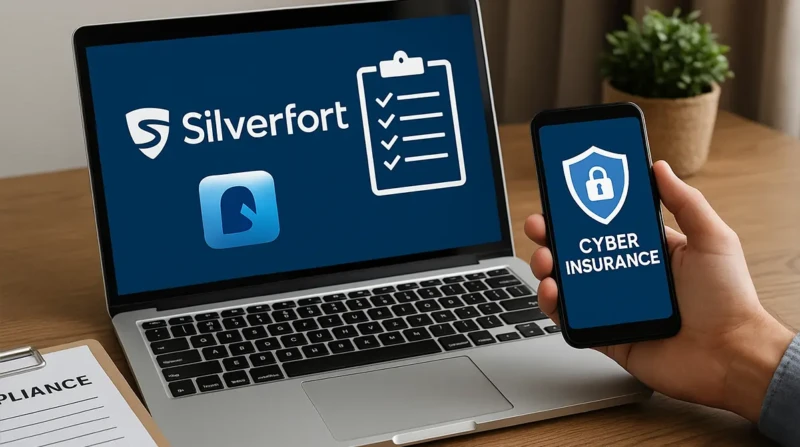 A laptop showing Silverfort security dashboard and a phone displaying cyber insurance verification.