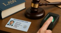A gavel, law book, ID card, and biometric fingerprint scanner on a desk.