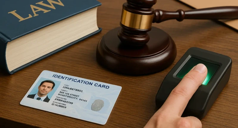 A gavel, law book, ID card, and biometric fingerprint scanner on a desk.