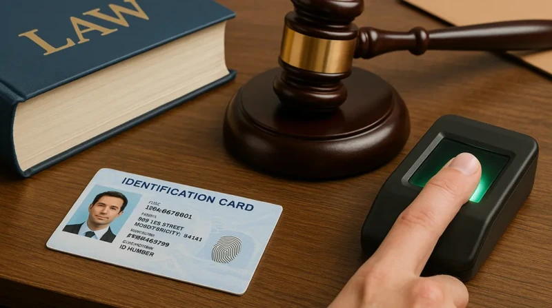 A gavel, law book, ID card, and biometric fingerprint scanner on a desk.