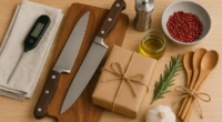 A collection of elegant chef gifts including knives, spices, and cooking tools.