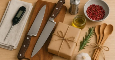 A collection of elegant chef gifts including knives, spices, and cooking tools.