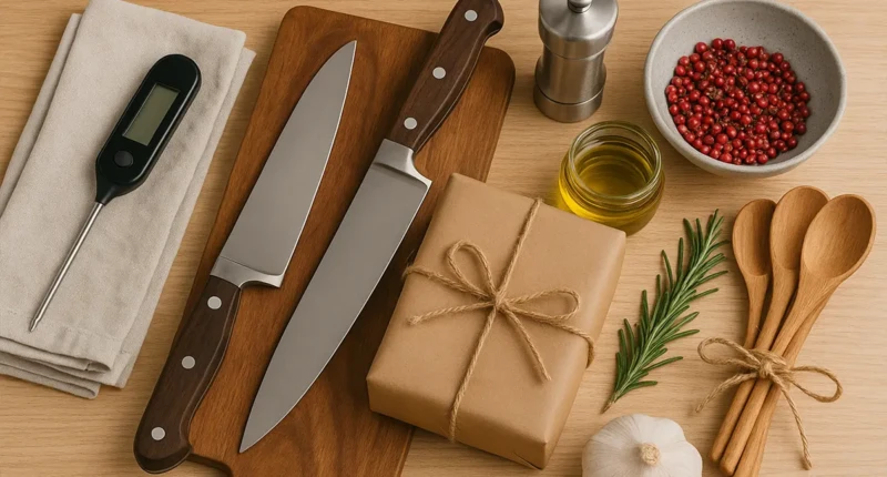 A collection of elegant chef gifts including knives, spices, and cooking tools.