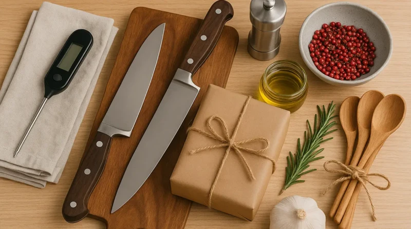 A collection of elegant chef gifts including knives, spices, and cooking tools.