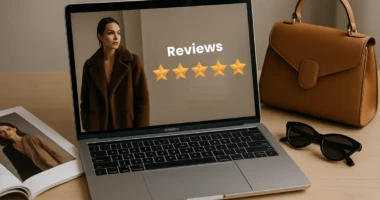 A stylish fashion setup with a laptop, handbag, sunglasses, and magazine.