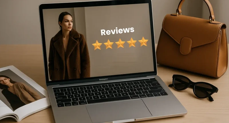 A stylish fashion setup with a laptop, handbag, sunglasses, and magazine.